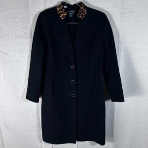 St. John Sewn by Hand Black Coat Leopard Print Collar Wool Blend Size 4